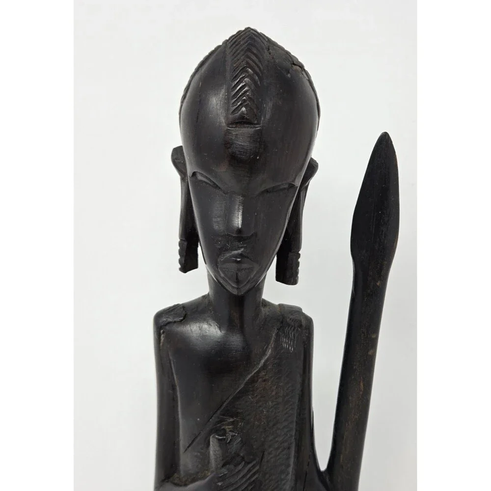 Vintage Hand Carved African Warrior Statue Figure w/ Spear‎ Wood Tribal Art 14